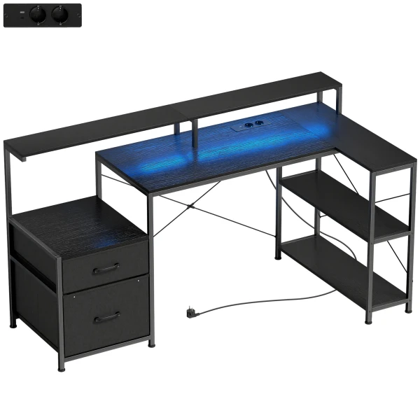 Gaming Tafel L vormig Bureau Met LED & Stopcontacten, Met Dubbele Monitorstandaard, 165x80x91,5 Cm, Zwarte Houtlook