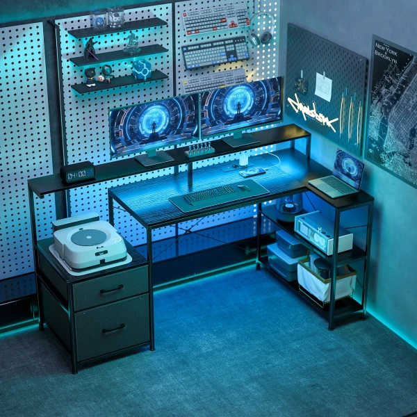 Gaming Tafel L vormig Bureau Met LED & Stopcontacten, Met Dubbele Monitorstandaard, 165x80x91,5 Cm, Zwarte Houtlook