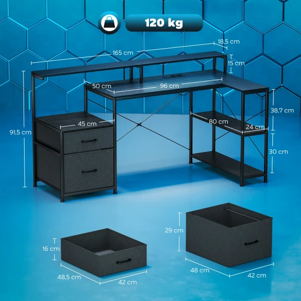 Gaming Tafel L vormig Bureau Met LED & Stopcontacten, Met Dubbele Monitorstandaard, 165x80x91,5 Cm, Zwarte Houtlook