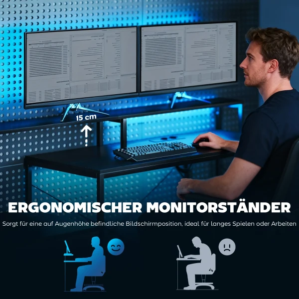 Gaming Tafel L vormig Bureau Met LED & Stopcontacten, Met Dubbele Monitorstandaard, 165x80x91,5 Cm, Zwarte Houtlook