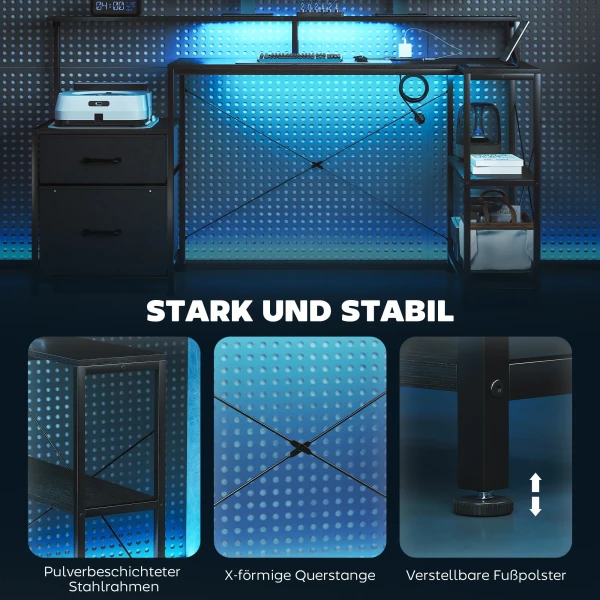 Gaming Tafel L vormig Bureau Met LED & Stopcontacten, Met Dubbele Monitorstandaard, 165x80x91,5 Cm, Zwarte Houtlook