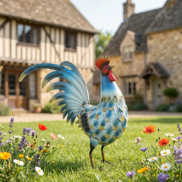 Hahn Tuinstandbeeld, Metalen Tuinfiguur, 41 Cm Staande Hahn Sculptuur Met Grondankers, Meerkleurig