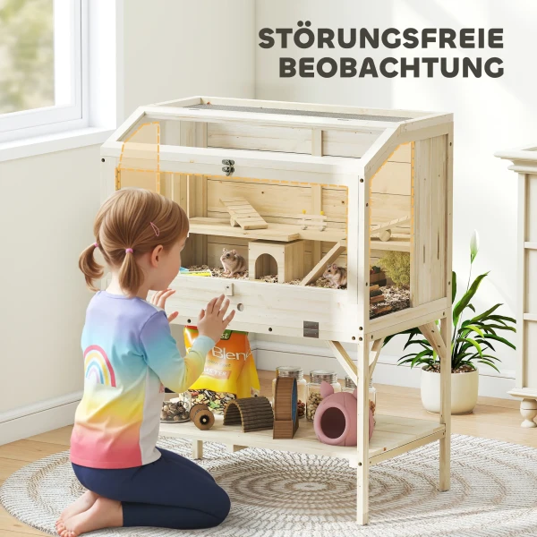 Hamsterkooi, 2 Niveaus, Kleine Dierenkooi Met Opbergvak, Accessoires, 84 X 53 X 110 Cm, Natuurlijk Hout