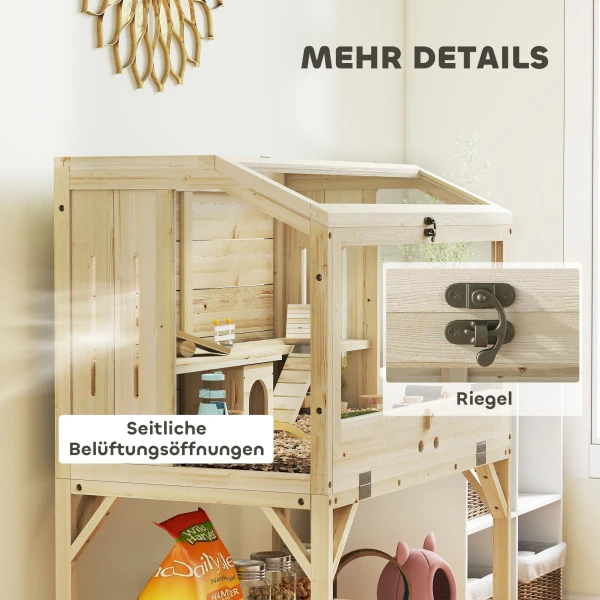 Hamsterkooi, 2 Niveaus, Kleine Dierenkooi Met Opbergvak, Accessoires, 84 X 53 X 110 Cm, Natuurlijk Hout