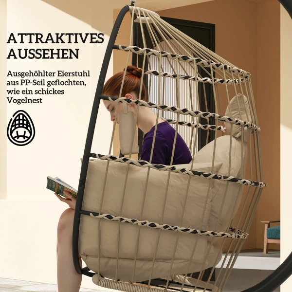 Hangende Outdoor Schommelstoel Met Opvouwbare Mandzitting En Dikke Kussens, Standaard, Hoofdsteun, Bekerhouder, Khaki