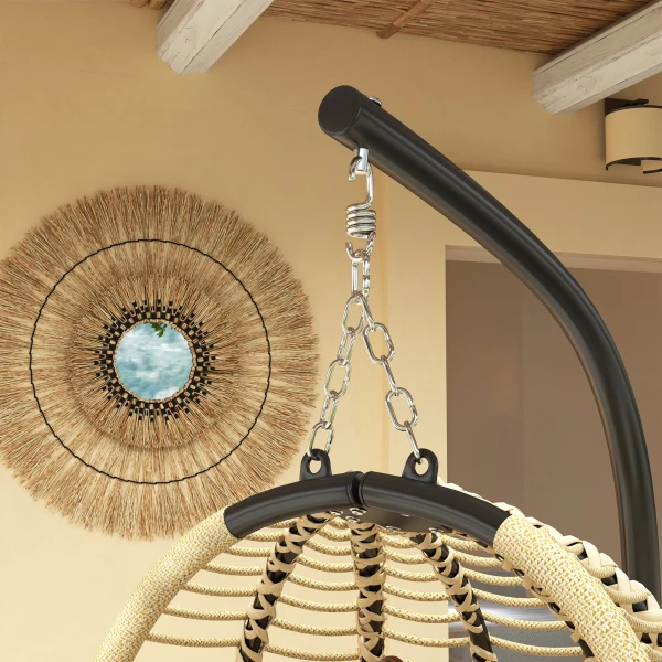 Hangstoel Met Frame, Opvouwbare Eivormige Hangschommel Met Wasbare Zitplaats, Bekerhouder, Veiligheidstouw, Beige