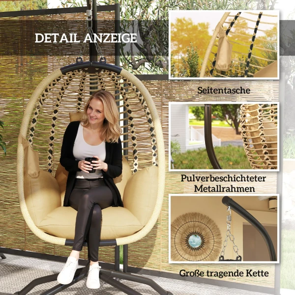 Hangstoel Met Frame, Opvouwbare Eivormige Hangschommel Met Wasbare Zitplaats, Bekerhouder, Veiligheidstouw, Beige