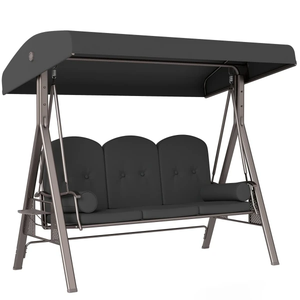 Hollywoodschommel 3 zits Tuinschommel Met Zonnedak, Dienblad, Zitkussen Tot 360kg Donkergrijs