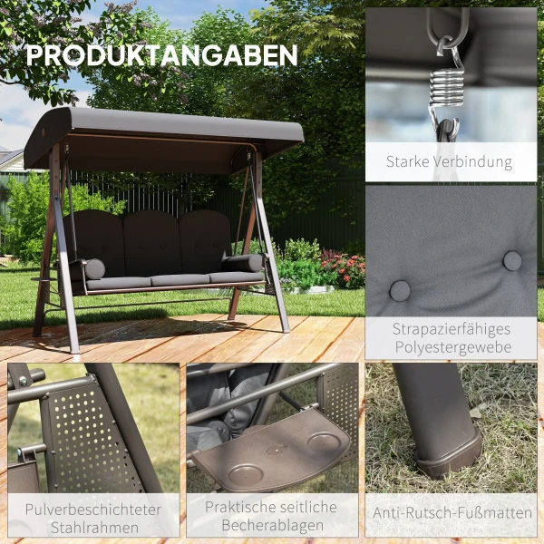 Hollywoodschommel 3 zits Tuinschommel Met Zonnedak, Dienblad, Zitkussen Tot 360kg Donkergrijs