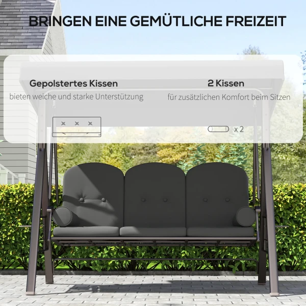 Hollywoodschommel 3 zits Tuinschommel Met Zonnedak, Dienblad, Zitkussen Tot 360kg Donkergrijs
