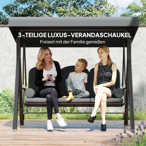 Hollywoodschommel 3 zits Tuinschommel Met Zonnedak, Dienblad, Zitkussen Tot 360kg Donkergrijs