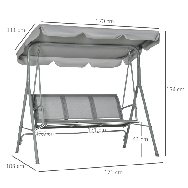 Hollywoodschommel Met Verstelbaar Zonnedak, 3 zits Tuinschommel Met Anti slip Voeten, Schommelbank Belastbaar Tot 240 Kg, Tuinligstoel Voor Tuin, Terras, 171x108x154cm, Grijs
