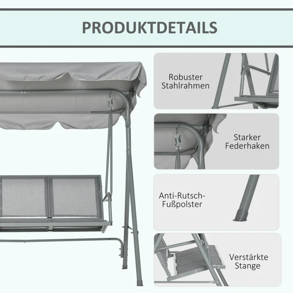 Hollywoodschommel Met Verstelbaar Zonnedak, 3 zits Tuinschommel Met Anti slip Voeten, Schommelbank Belastbaar Tot 240 Kg, Tuinligstoel Voor Tuin, Terras, 171x108x154cm, Grijs
