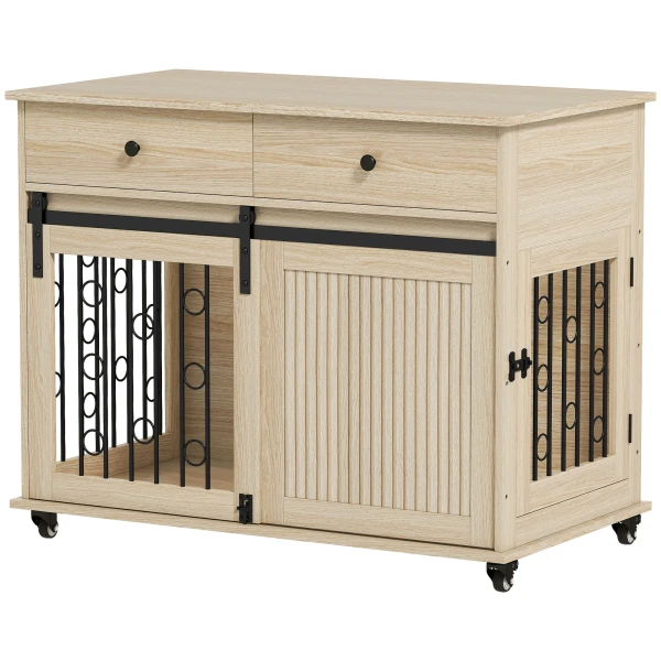 Hondenbox Op Wielen, 2 Deuren, 2 Lades, Voor Middelgrote En Grote Honden, Hout, Staal