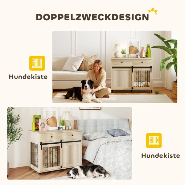 Hondenbox Op Wielen, 2 Deuren, 2 Lades, Voor Middelgrote En Grote Honden, Hout, Staal