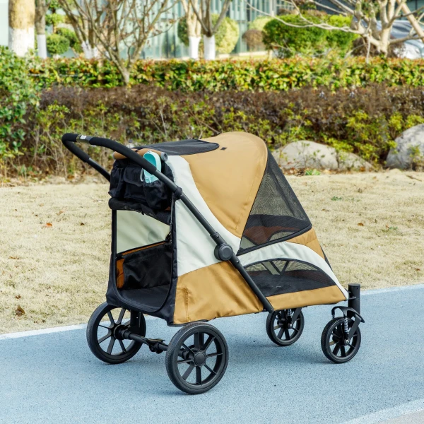 Hondenwagen, Opvouwbare Hondenbuggy Voor Grote Honden, Huisdierwagen Met 4 Wielen, Veiligheidslijnen, Remmen, Bruin