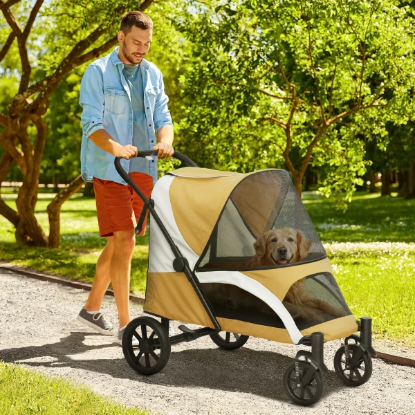 Hondenwagen, Opvouwbare Hondenbuggy Voor Grote Honden, Huisdierwagen Met 4 Wielen, Veiligheidslijnen, Remmen, Bruin