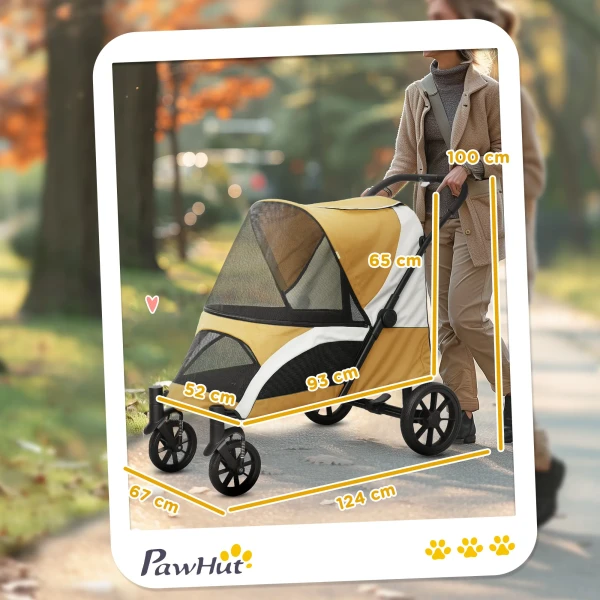 Hondenwagen, Opvouwbare Hondenbuggy Voor Grote Honden, Huisdierwagen Met 4 Wielen, Veiligheidslijnen, Remmen, Bruin
