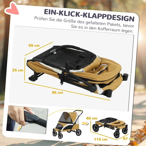 Hondenwagen, Opvouwbare Hondenbuggy Voor Grote Honden, Huisdierwagen Met 4 Wielen, Veiligheidslijnen, Remmen, Bruin