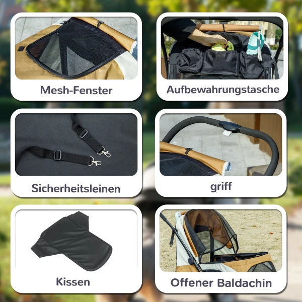 Hondenwagen, Opvouwbare Hondenbuggy Voor Grote Honden, Huisdierwagen Met 4 Wielen, Veiligheidslijnen, Remmen, Bruin