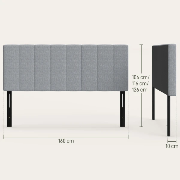 Hoofdeinde Met 3 Verstelbare Hoogtes, Bedhoofdeinde Met Metalen Poten, Linnenlook Voor Slaapkamer 160x10x106/116/126 Cm Grijs