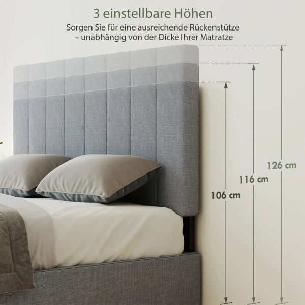 Hoofdeinde Met 3 Verstelbare Hoogtes, Bedhoofdeinde Met Metalen Poten, Linnenlook Voor Slaapkamer 160x10x106/116/126 Cm Grijs