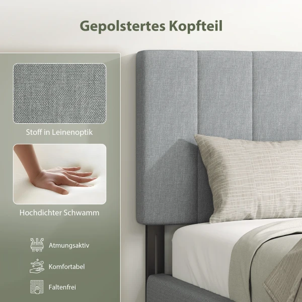 Hoofdeinde Met 3 Verstelbare Hoogtes, Bedhoofdeinde Met Metalen Poten, Linnenlook Voor Slaapkamer 160x10x106/116/126 Cm Grijs