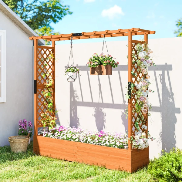 Hoog Bed Met Klimrek En Dak, Voor Bloemen, Fruit, Groenten, Kruiden, 196 X 44 X 181 Cm, Hout, Oranje