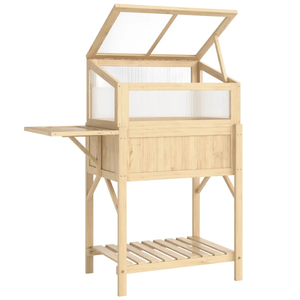 Hoog Bed Met Vroegbeetopzetstuk Van Hout, Plantenbak Met Inklapbaar Broeikas, Zijtafel Opbergvak Natuurhout