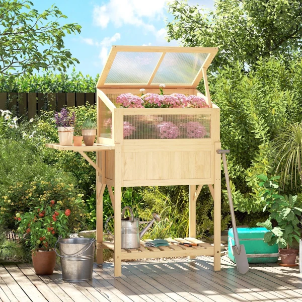 Hoog Bed Met Vroegbeetopzetstuk Van Hout, Plantenbak Met Inklapbaar Broeikas, Zijtafel Opbergvak Natuurhout