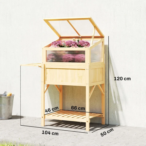 Hoog Bed Met Vroegbeetopzetstuk Van Hout, Plantenbak Met Inklapbaar Broeikas, Zijtafel Opbergvak Natuurhout