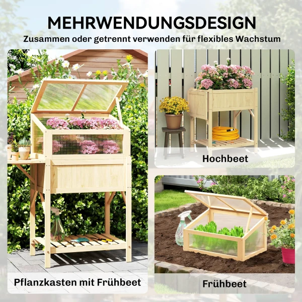 Hoog Bed Met Vroegbeetopzetstuk Van Hout, Plantenbak Met Inklapbaar Broeikas, Zijtafel Opbergvak Natuurhout