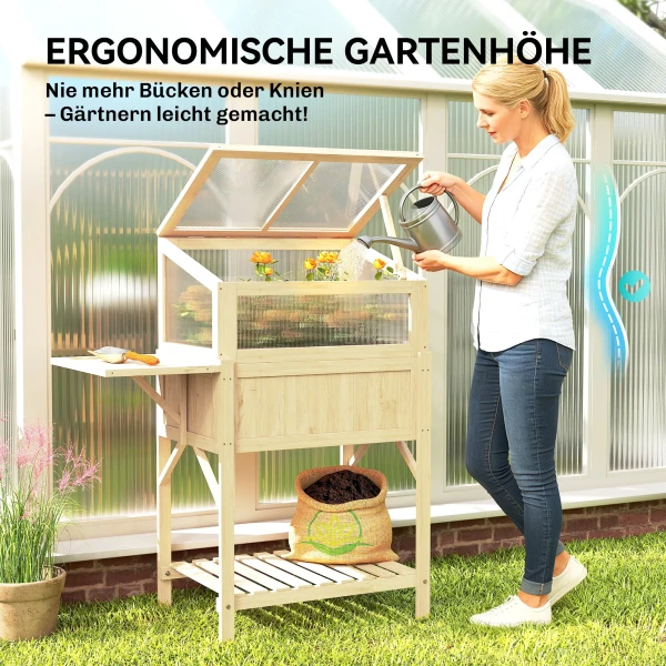 Hoog Bed Met Vroegbeetopzetstuk Van Hout, Plantenbak Met Inklapbaar Broeikas, Zijtafel Opbergvak Natuurhout