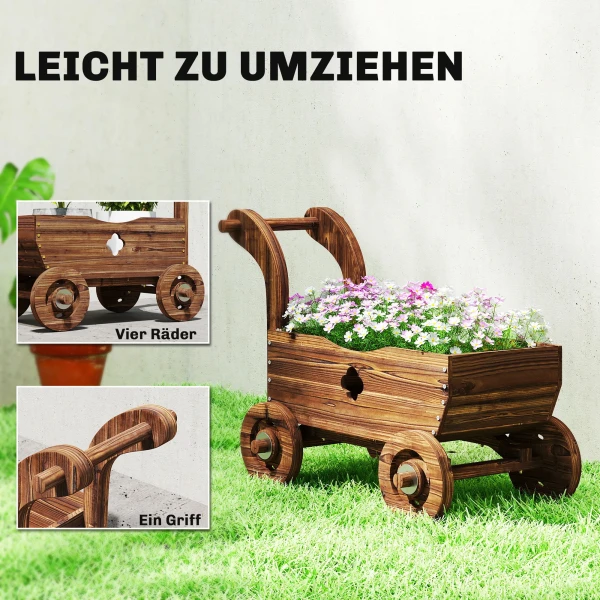 Hoogbed Hout, Plantenbed In Wagenvorm Kweekbed Met 4 Wielen Handvat Tuinbed 68 X 38 X 52cm