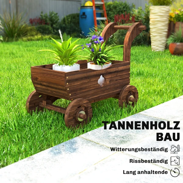 Hoogbed Hout, Plantenbed In Wagenvorm Kweekbed Met 4 Wielen Handvat Tuinbed 68 X 38 X 52cm