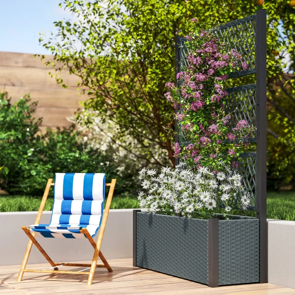 Hoogbed Met Klimrek In Rattan look Plantenbak Bloembak Met Klimhulp 90 X 35 X 148cm Donkergrijs