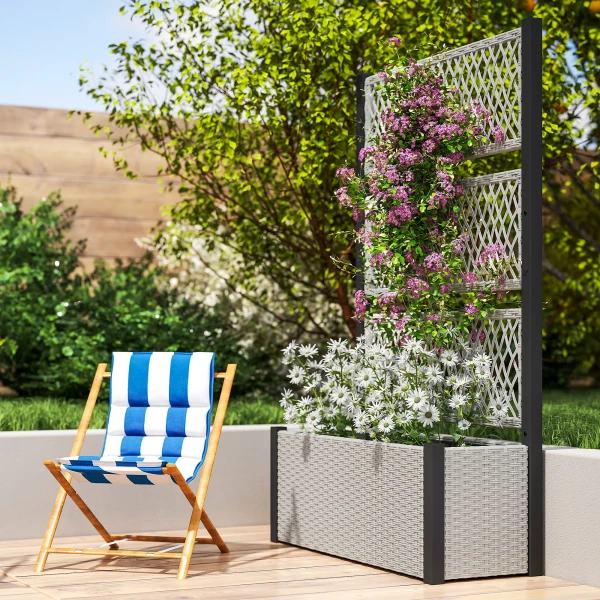 Hoogbed Met Klimrek In Rattan look Plantenbak Bloembak Met Klimhulp 90 X 35 X 148cm Grijs