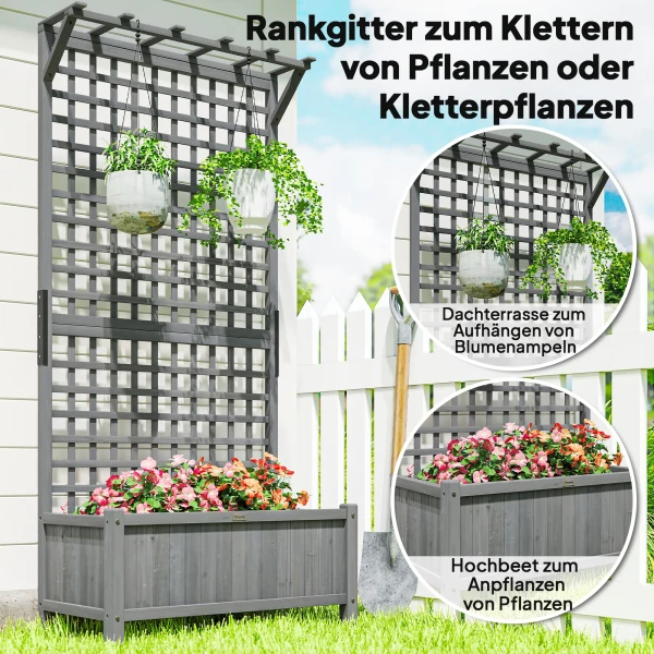 Hoogbed Met Trellis En Dak, Plantenbak, Bloembed, Weerbestendig, Hout, 90 X 45 X 183 Cm, Donkergrijs