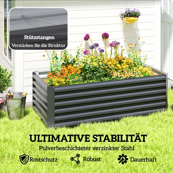 Hoogbed Metaal 180 X 90 X 57,5 Cm Diep Tuinbed Met Open Bodem Steunstang Donkergrijs