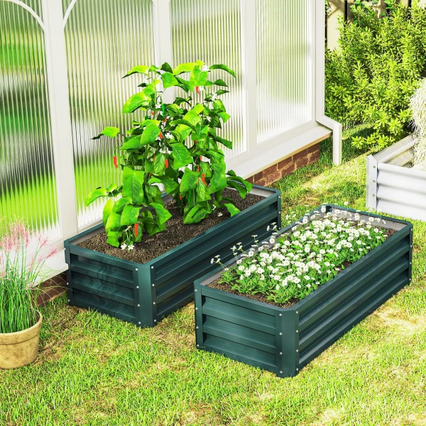 Hoogbed Metaal 2 delig Set, Open Bodem, Voor Tuin Balkon, 110x50x30cm, Groen