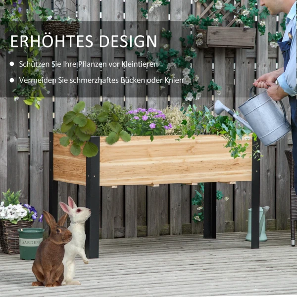 Hoogbed Plantenbak Bloembak Bloempot Kruidenbed Met Vliesstof Massief Hout Staal Natuur+Zwart 120 X 60 X 74 Cm