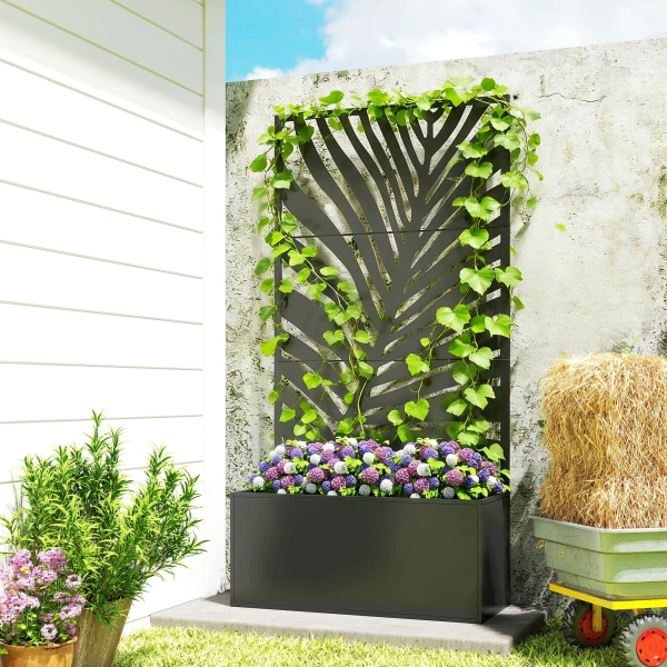 Hoogbed Plantenbak Met Privacy Scherm Bloembak Metaal, Tuin Trellis 90 X 40 X 180 Cm Zwart