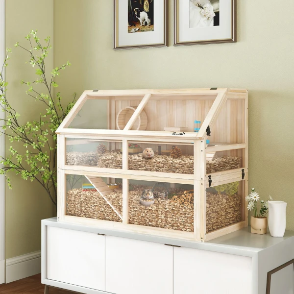 Houten Hamsterkooi Met 3 Verdiepingen, Knaagdierkooi, Kleine Dierenkooi Met Wip, Looprad, Hut 95 X 53 X 76 Cm Natuurhout