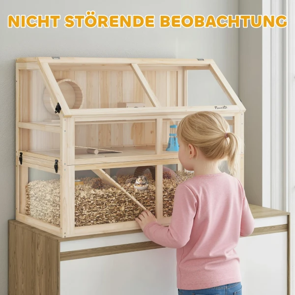 Houten Hamsterkooi Met 3 Verdiepingen, Knaagdierkooi, Kleine Dierenkooi Met Wip, Looprad, Hut 95 X 53 X 76 Cm Natuurhout