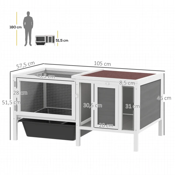 Houten Konijnenhok Met Ren, Helling, 3 Ingangen, Uittrekbare Lade, 105 X 57,5 X 51,5 Cm Grijs