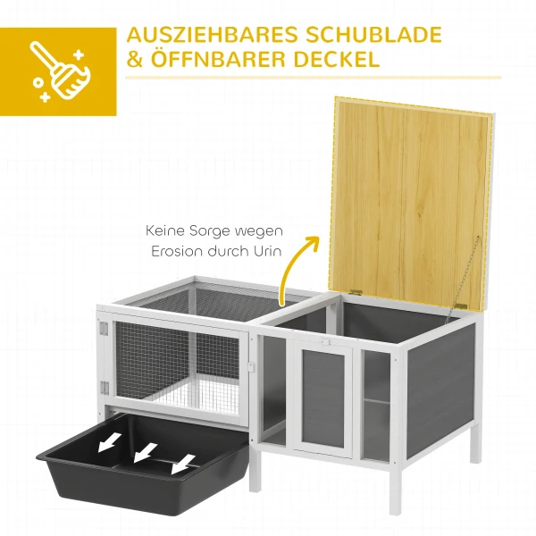 Houten Konijnenhok Met Ren, Helling, 3 Ingangen, Uittrekbare Lade, 105 X 57,5 X 51,5 Cm Grijs