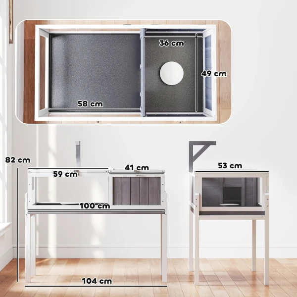 Houten Schildpaddenverblijf Met Hoofdhuis, Kijkvenster, Deksel, 104cm X 53cm X 82cm, Wit+Grijs