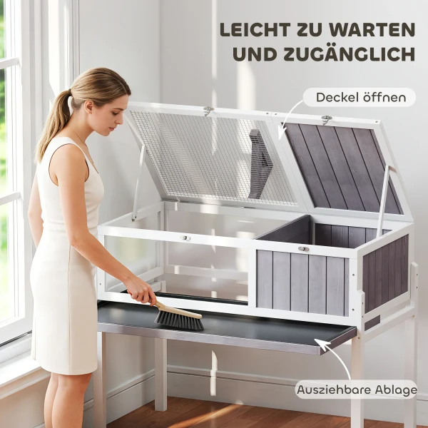 Houten Schildpaddenverblijf Met Hoofdhuis, Kijkvenster, Deksel, 104cm X 53cm X 82cm, Wit+Grijs