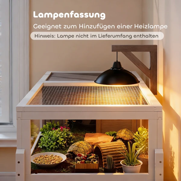 Houten Schildpaddenverblijf Met Hoofdhuis, Kijkvenster, Deksel, 104cm X 53cm X 82cm, Wit+Grijs