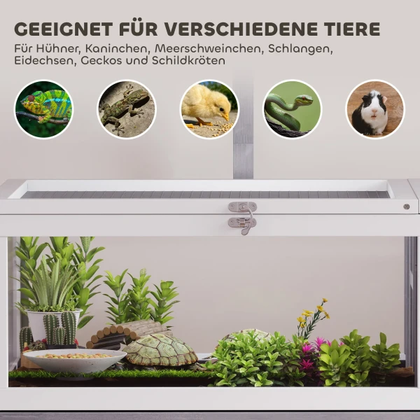 Houten Schildpaddenverblijf Met Hoofdhuis, Kijkvenster, Deksel, 104cm X 53cm X 82cm, Wit+Grijs